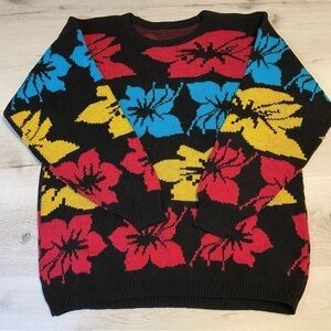 Vintage 90s Tropical Colorful Black/Neon Hibiscus Crewneck Sweater, Size L/XL